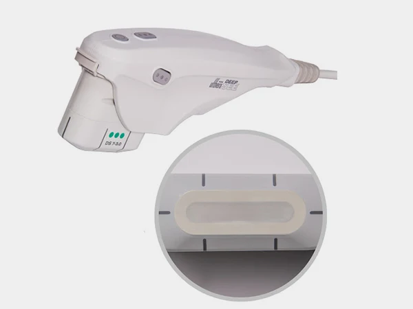 Ultherapy handpiece with a circular enlarged view of the rectangular contact surface.