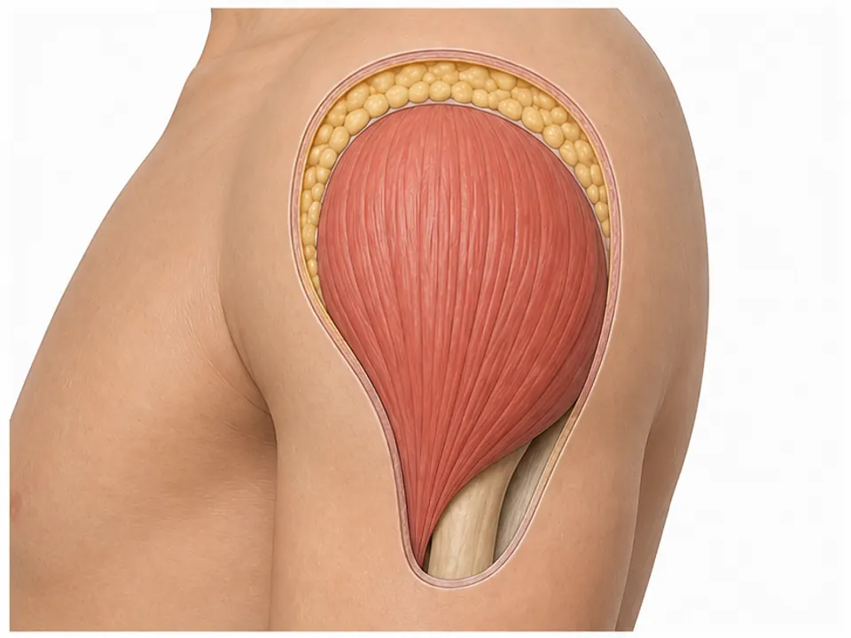 AI educational shoulder cutaway showing skin and yellow fatty tissue over a red deltoid muscle.
