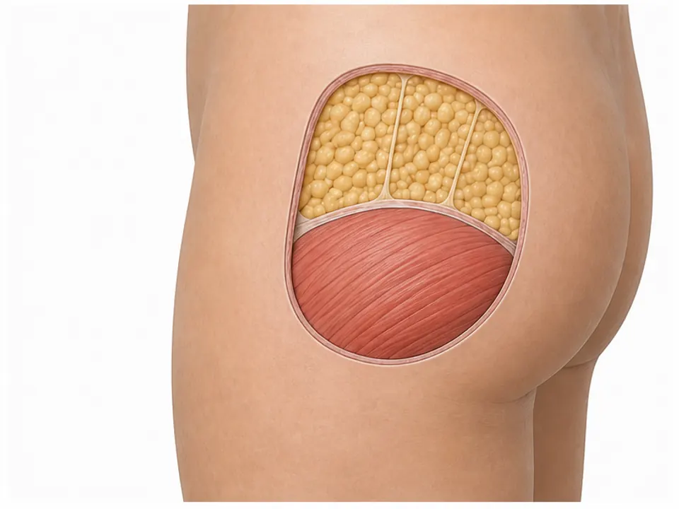 AI educational hip cutaway showing yellow fatty tissue above red muscle beneath the skin.