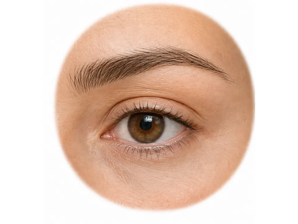 Close illustrated view showing an eyebrow above the upper eyelid crease and intact eye.