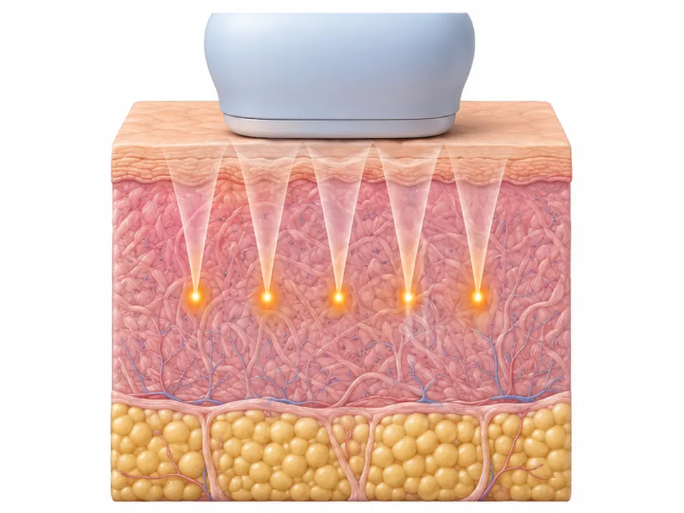 Converging translucent cones end in separate focal points beneath intact skin.