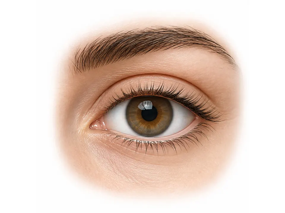 Illustrated eye with a visible upper eyelid crease and intact lid margins.