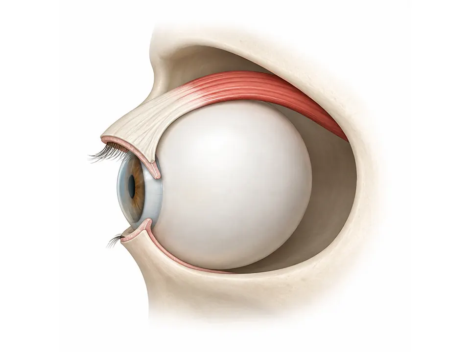 Simplified side-oblique model showing a muscle above the intact globe and an aponeurosis continuing to the upper eyelid.