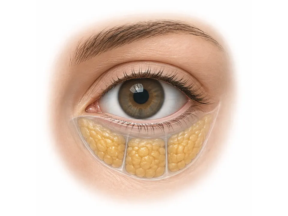 Lower eyelid model with three yellow orbital fat compartments below an intact eye.