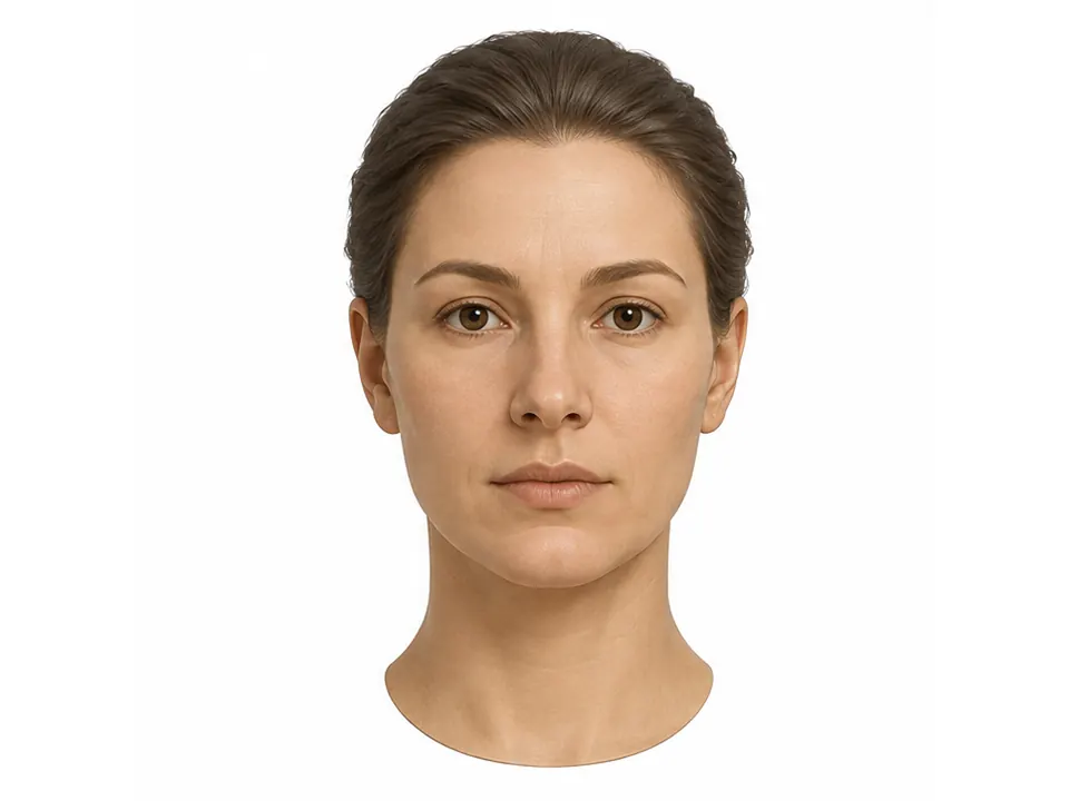 Illustrated adult head and short neck viewed directly from the front.