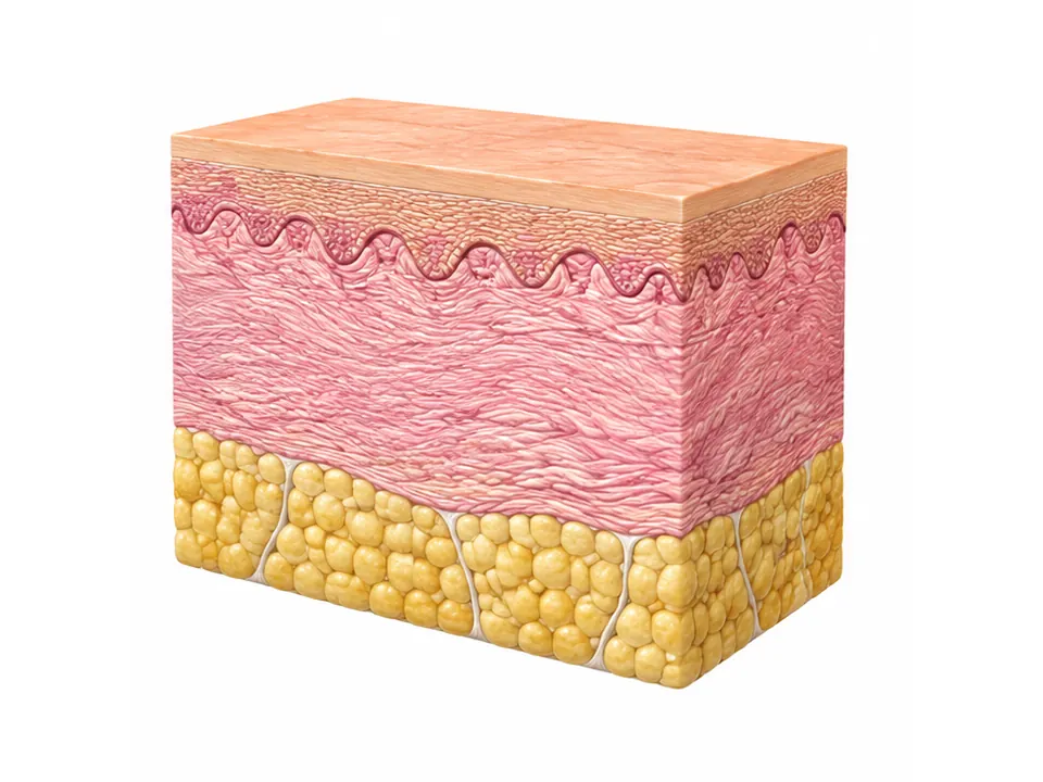 Skin block showing a thin tan epidermis, pink dermis and deeper yellow subcutaneous fat.