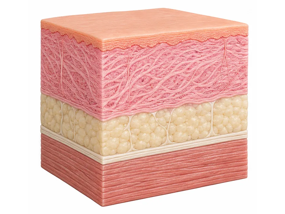 AI educational tissue block showing skin, yellow fat and a deeper red muscle layer, without threads.