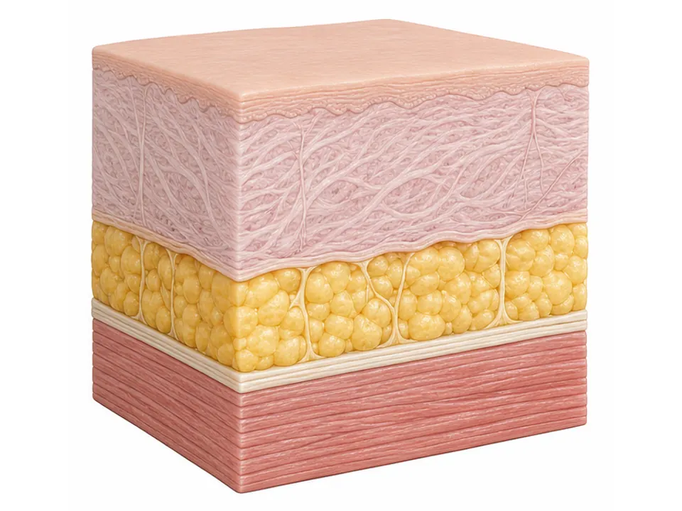 AI educational tissue cross-section with the yellow subcutaneous fatty layer highlighted.