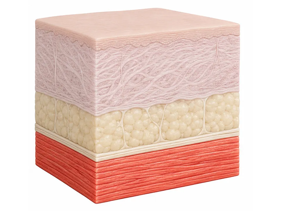 AI-generated tissue section with a red lower muscle layer beneath pale skin, fat and a thin fascia.