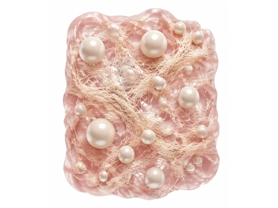 Separate pale particles dispersed among fine fibers in a pink tissue matrix.